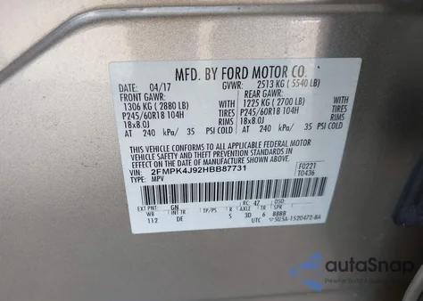 2017 Ford Edge Sel z USA, uszkodzony, nr VIN 2FMPK4J92HBB87731